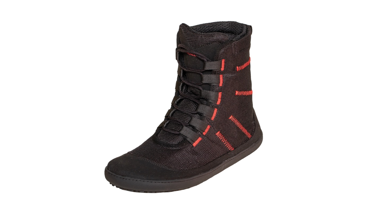 Barfußwinterstiefel für Erwachsene mit Schnürung und geschlossenem Schaft, schräge Vorderansicht