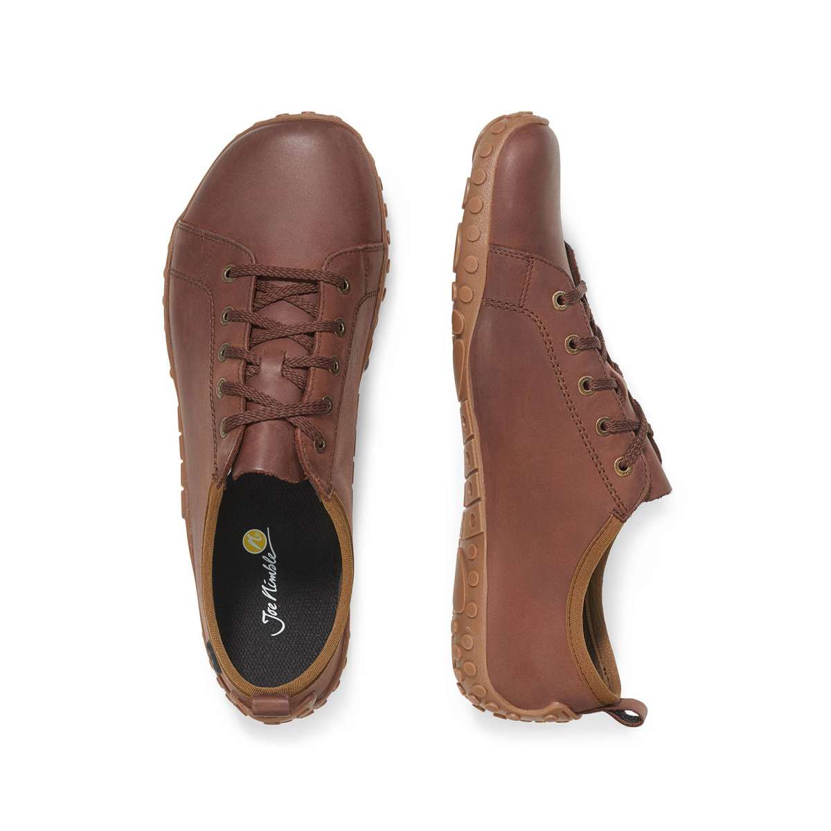 Barfußschuh mit Schnürsenkeln, geschlossener Zehenbox und geschlossenem Fersenbereich, flache flexible Sohle, Draufsicht und Seitenansicht als Paar