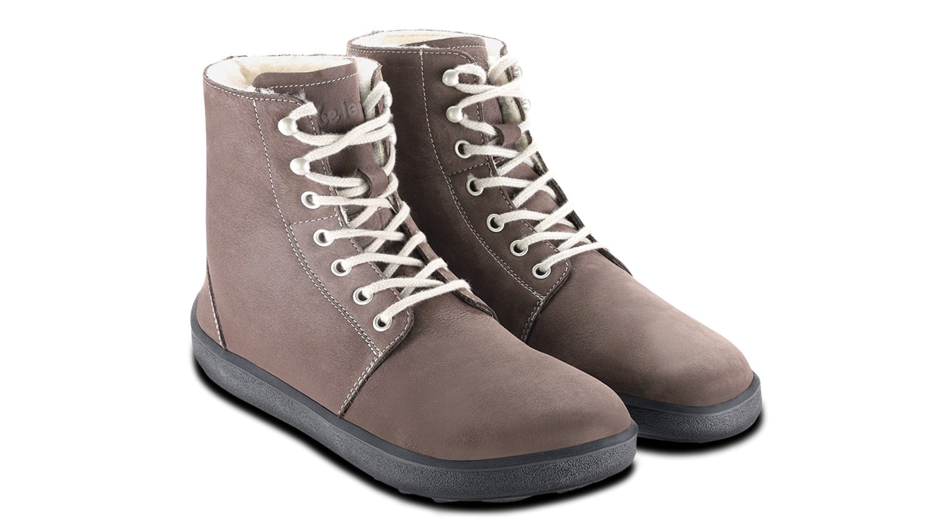 Barfußwinterschuh für Erwachsene als Paar, knöchelhoch, Schnürung, geschlossene Zehen, geschlossene Ferse, schräge Vorderansicht