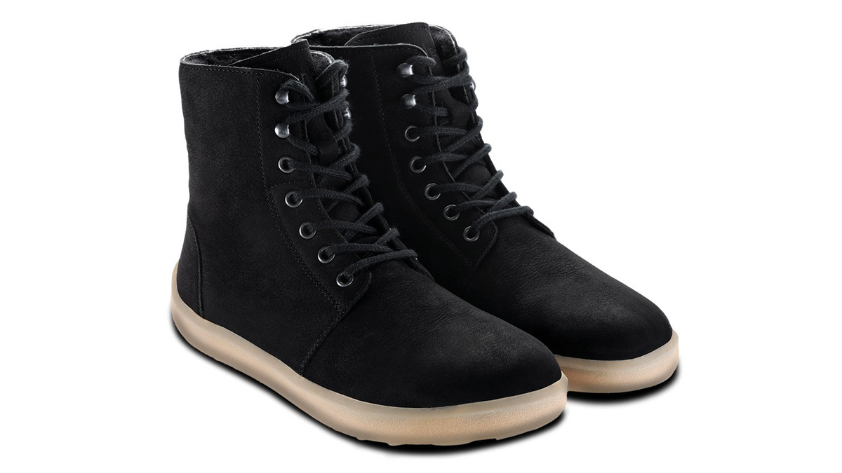 Barfußwinterschuh für Erwachsene als Paar, knöchelhoch, Schnürung, geschlossene Zehen, geschlossene Ferse, schräge Vorderansicht