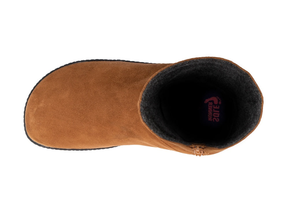 Barfußwinterstiefel, geschlossene Zehen und geschlossener Fersenbereich, ohne Verschluss, flexible Sohle, einzelner Schuh, Draufsicht