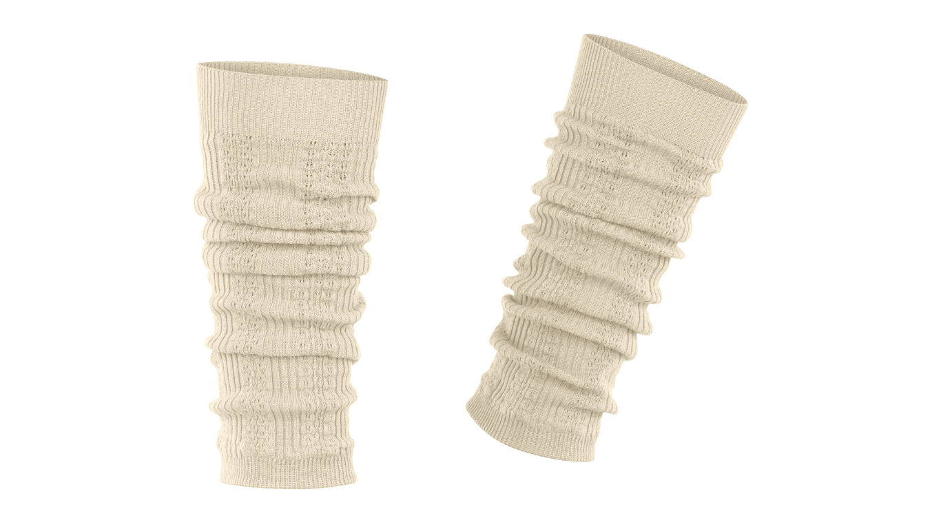 Beinstulpen für Erwachsene, Paaransicht, gestrickte Struktur mit Raffung, elastischer Abschluss, schräg Vorderansicht