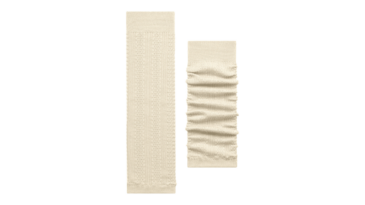 Beinstulpen für Erwachsene, Einzelansicht, glatte und geraffte Strickbereiche im Vergleich, Seitenansicht außen