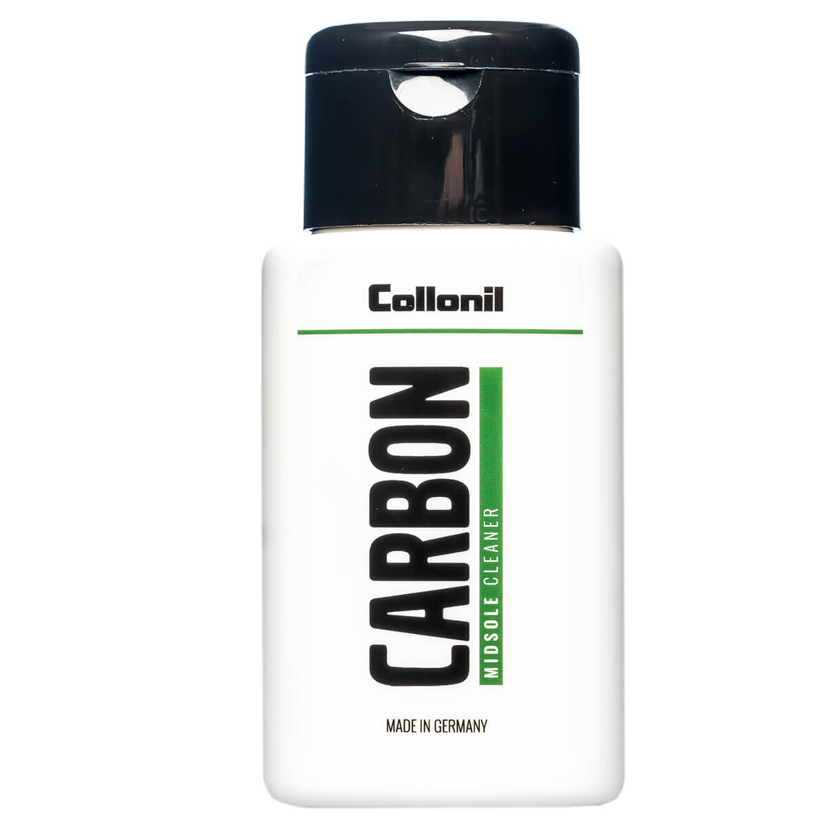 Rechteckige weiße Kunststoffflasche mit schwarzem Klappverschluss, Aufdruck „Collonil Carbon Midsole Cleaner“, Frontansicht.