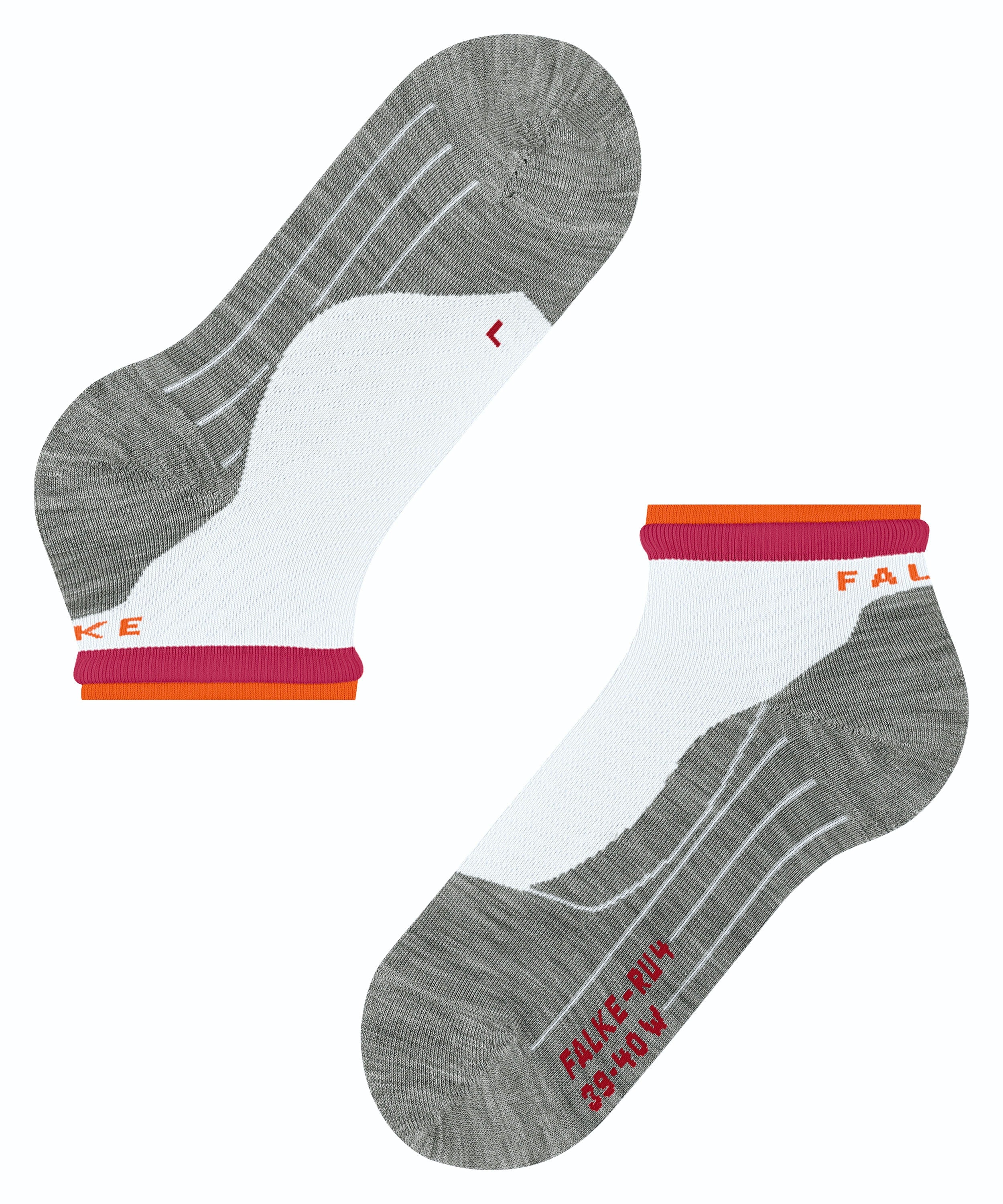 Erwachsenen-Laufsocken, Einzelansicht, Sohle und Seitenbereich sichtbar, weiß-grau mit farbigem Bündchen