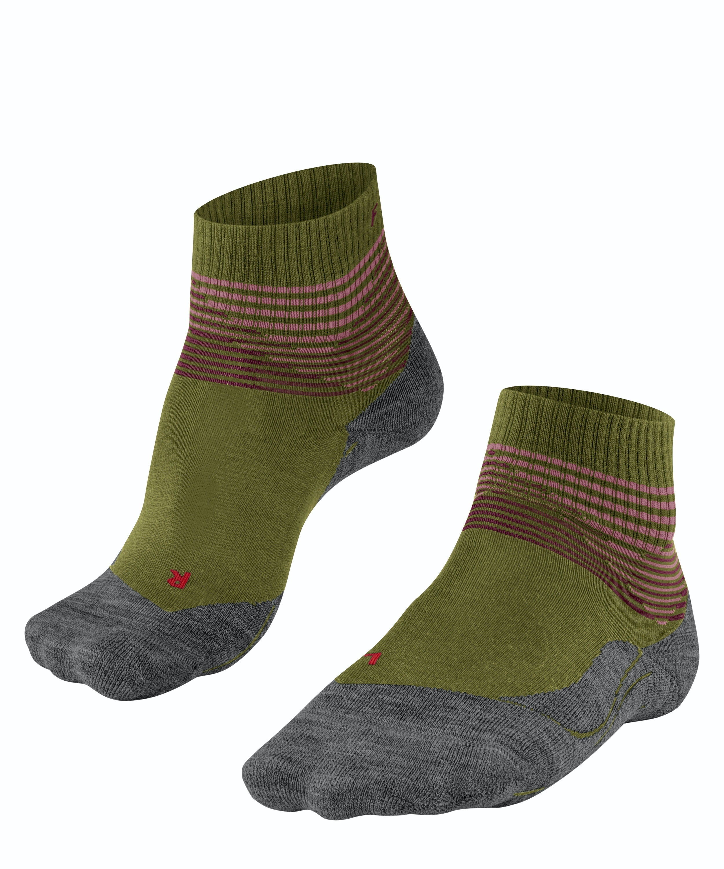 Barfußsocke mit Zehenfächern und mittlerer Schafthöhe, elastischer Bund, verstärkter Zehen- und Fersenbereich, schräge Vorderansicht.