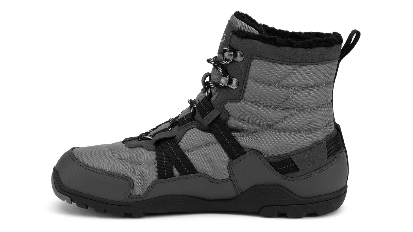 Barfußwinterstiefel, geschlossene Zehen und geschlossener Fersenbereich, Schnürung mit Ösen, profilierte Sohle, Einzelschuh, Seitenansicht innen