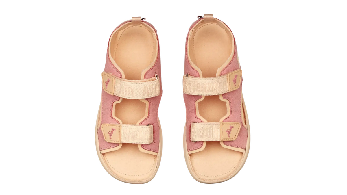 Kinder Barfußsandalen mit offener Zehenbox und Klettverschlüssen, Draufsicht auf beide Schuhe