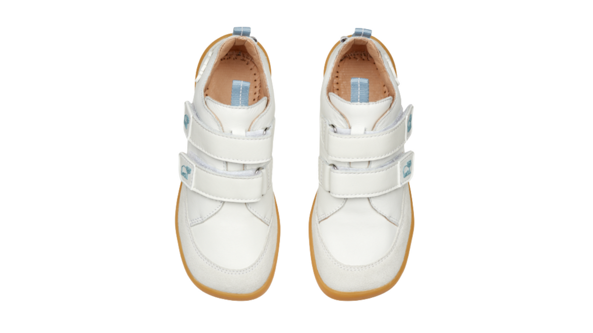 Kinder Barfußschuhe mit geschlossener Zehenbox und Klettverschlüssen, Draufsicht auf beide Schuhe