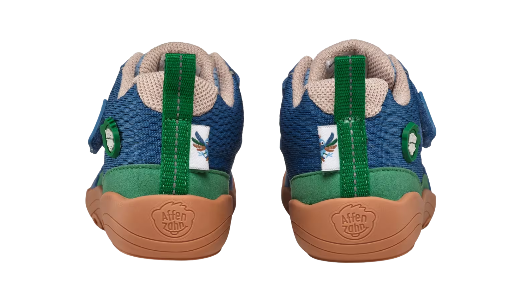 Kinder-Barfußschuh als Paar mit geschlossener Ferse, Klettverschluss und Schnürung, flexible Sohle, Rückansicht.