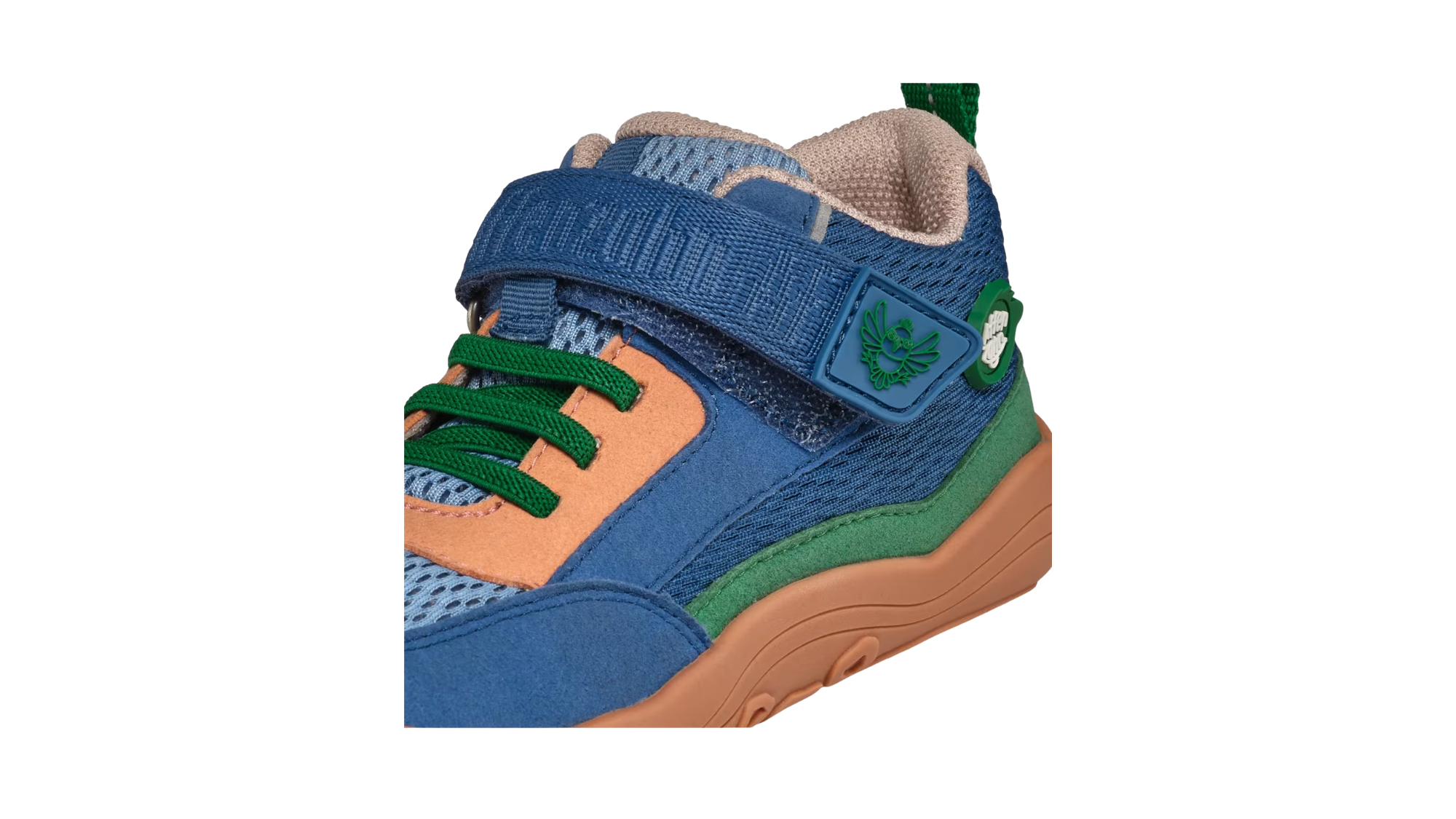 Kinder-Barfußschuh mit breiter Zehenbox, geschlossenem Zehenbereich, Klettverschluss und Schnürung, flexible Sohle, Detailansicht.