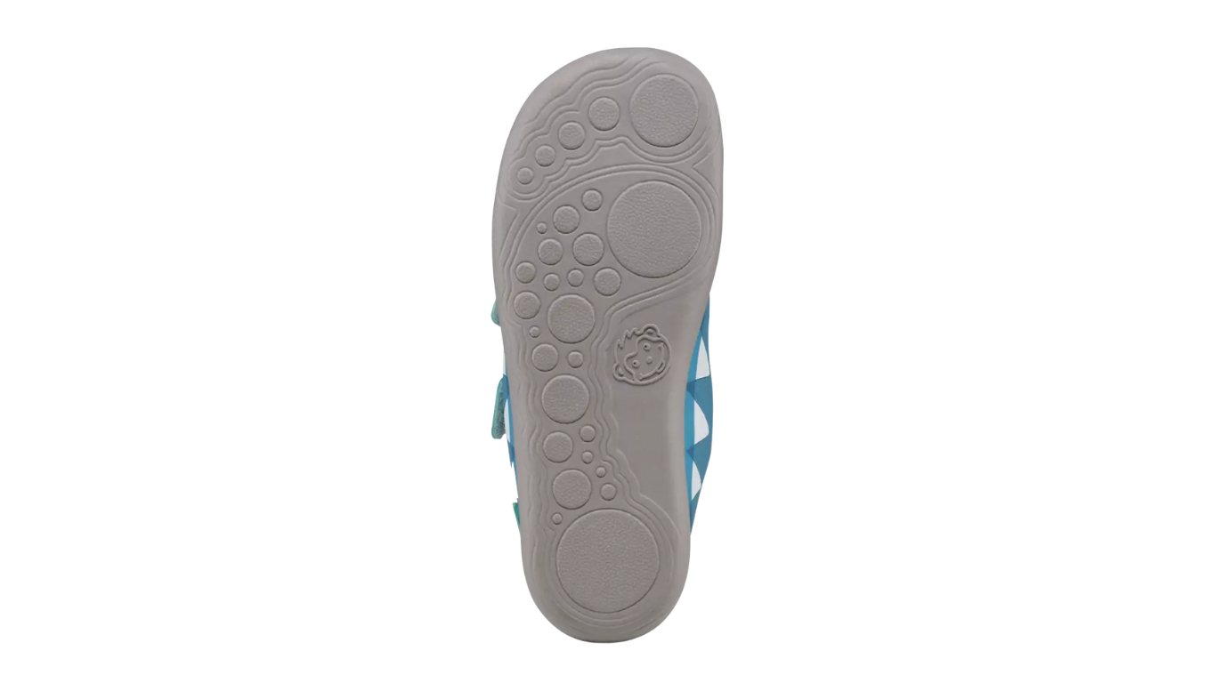 Kinder-Barfußschuh mit breiter Zehenbox, geschlossenem Zehenbereich, geschlossenem Fersenbereich, Klettverschluss, flexible Sohle, Ansicht von unten.