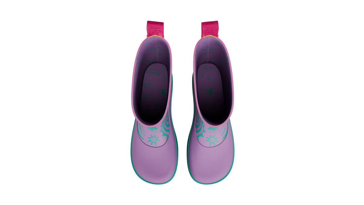 Kinder-Barfußgummistiefel als Paar mit breiter Zehenbox, geschlossenem Zehenbereich, geschlossenem Fersenbereich, hohem Schaft, flexible Sohle, Draufsicht.