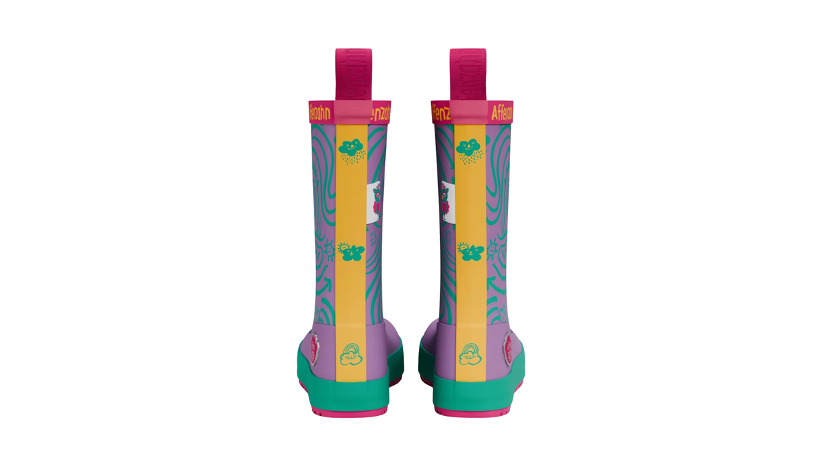 Kinder-Barfußgummistiefel als Paar mit geschlossenem Zehenbereich, geschlossenem Fersenbereich, hohem Schaft, flexible Sohle, Rückansicht.
