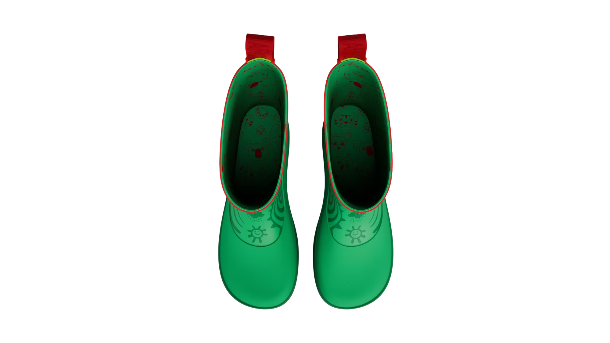 Kinder-Barfußgummistiefel als Paar mit breiter Zehenbox, geschlossenem Zehenbereich, geschlossenem Fersenbereich, hohem Schaft, flexible Sohle, Draufsicht.