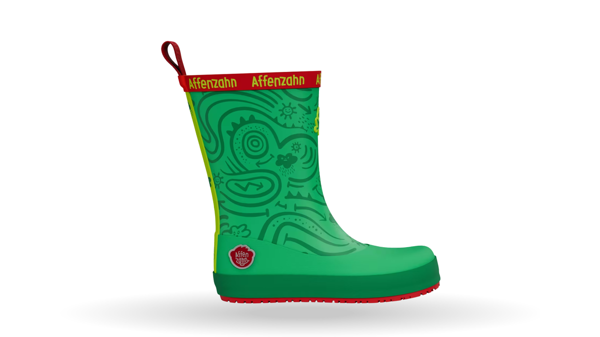 Kinder-Barfußgummistiefel mit breiter Zehenbox, geschlossenem Zehenbereich, geschlossenem Fersenbereich, hohem Schaft, flexible Sohle, Seitenansicht außen.
