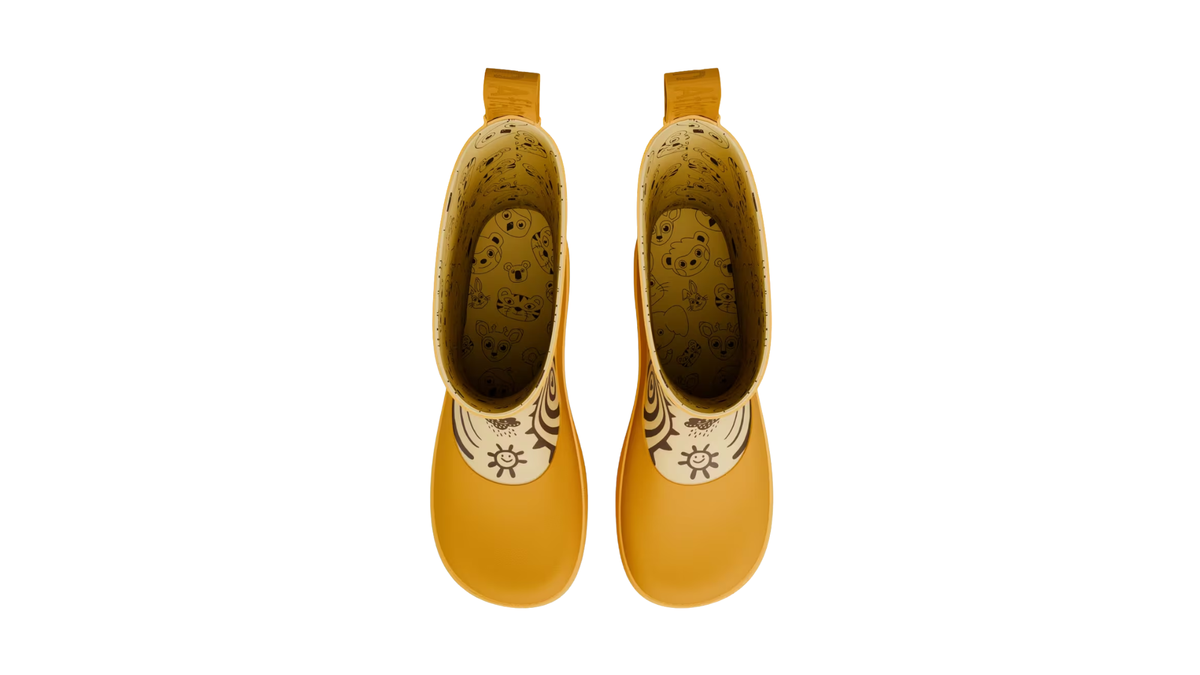 Kinder-Barfußgummistiefel als Paar mit breiter Zehenbox, geschlossenem Zehenbereich, geschlossenem Fersenbereich, hohem Schaft, flexible Sohle, Draufsicht.
