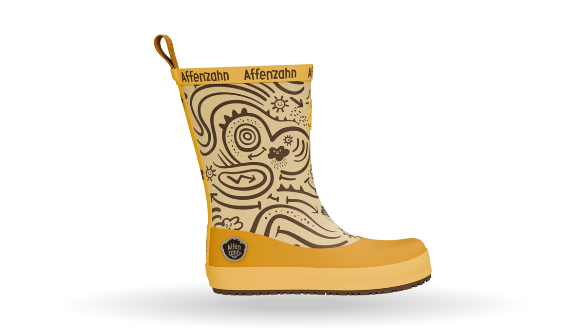 Kinder-Barfußgummistiefel mit breiter Zehenbox, geschlossenem Zehenbereich, geschlossenem Fersenbereich, hohem Schaft, Schlupfform ohne Verschluss, flexible Sohle, Seitenansicht außen.