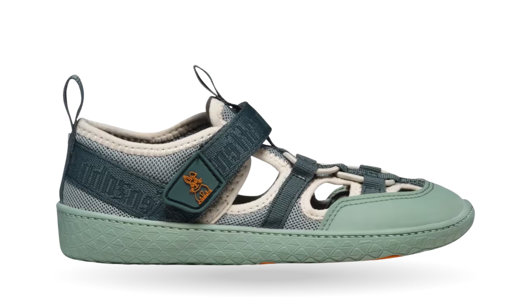 Kinder-Barfußsandale mit Klettverschluss, geschlossener Zehenpartie und seitlichen Ausschnitten, Einzelschuh, Seitenansicht außen