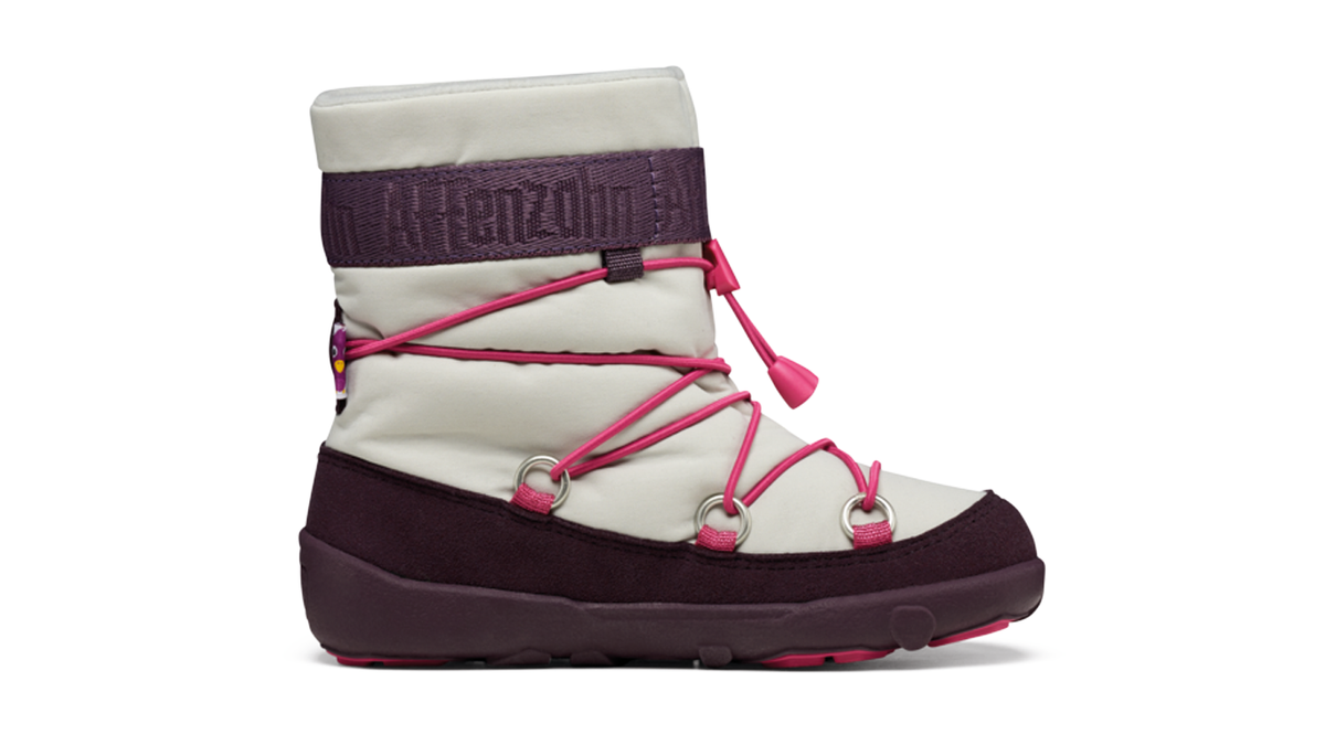 Kinder Barfußwinterstiefel mit geschlossener Zehenbox, hohem Schaft und Kordelverschluss, Seitenansicht außen