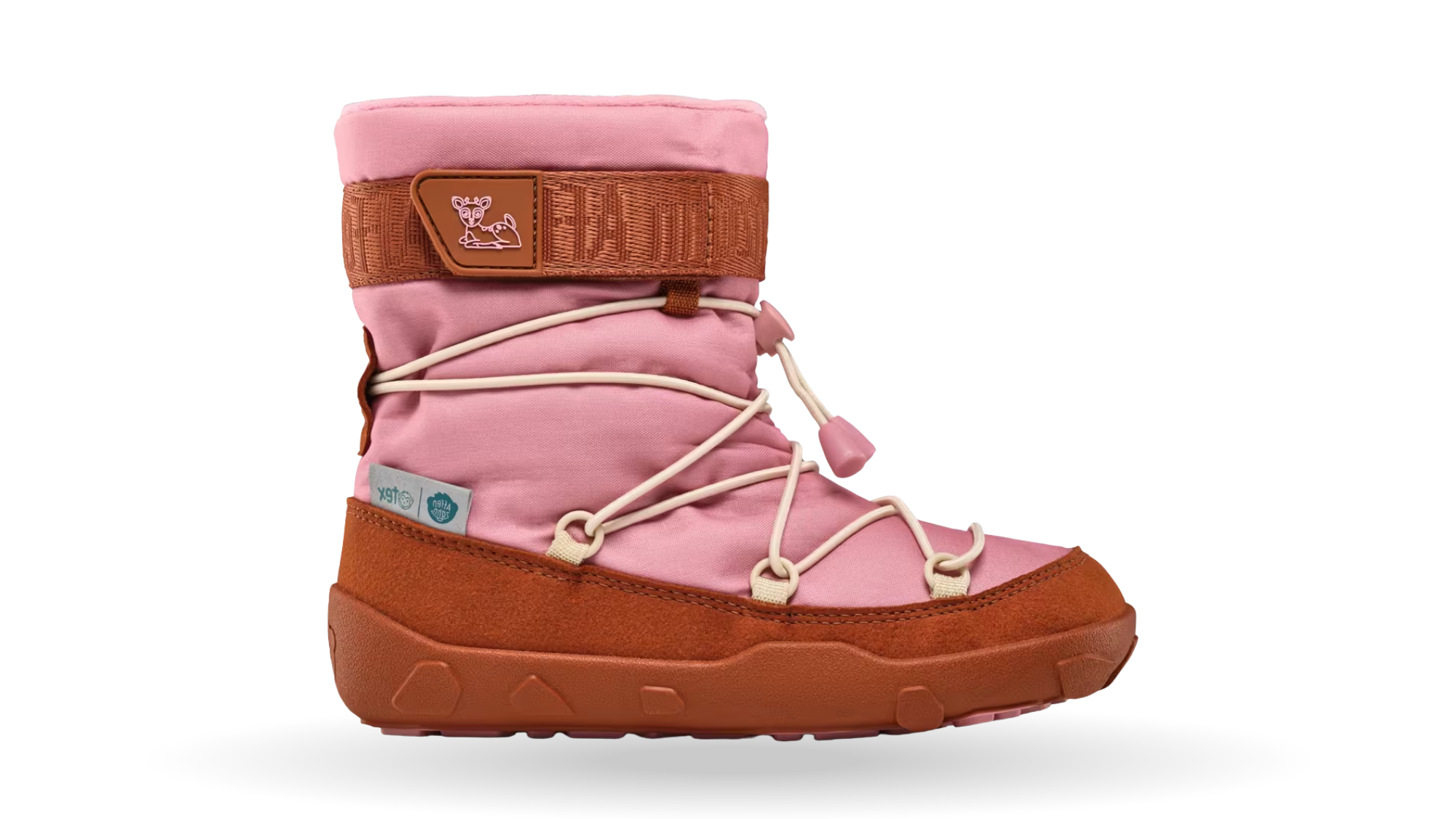 Kinder-Barfußwinterstiefel mit breiter Zehenbox, geschlossenem Zehenbereich, geschlossener Ferse, hohem Schaft, Schnürsystem mit Kordel, flexible Sohle, Seitenansicht außen.