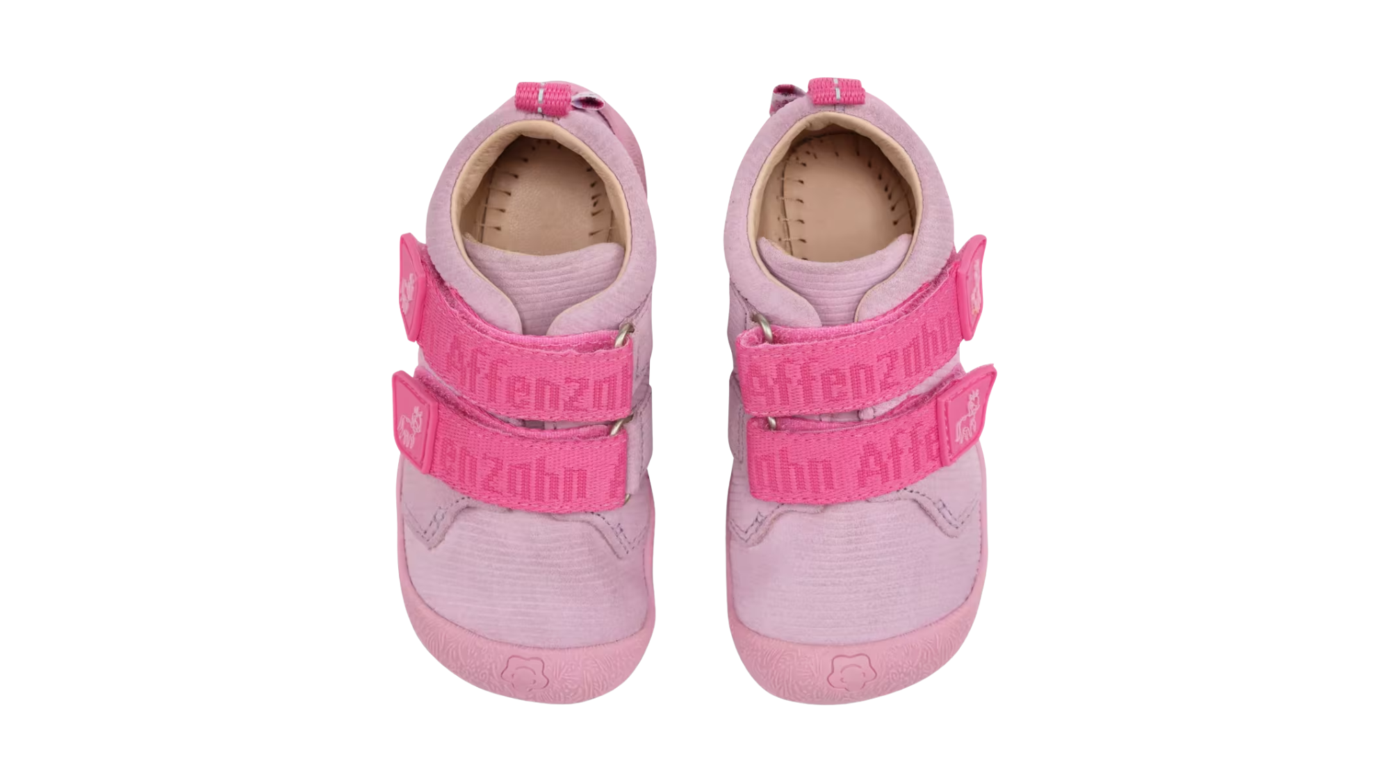 Kinder Barfußschuhe mit geschlossener Zehenbox und Klettverschlüssen, Draufsicht auf beide Schuhe
