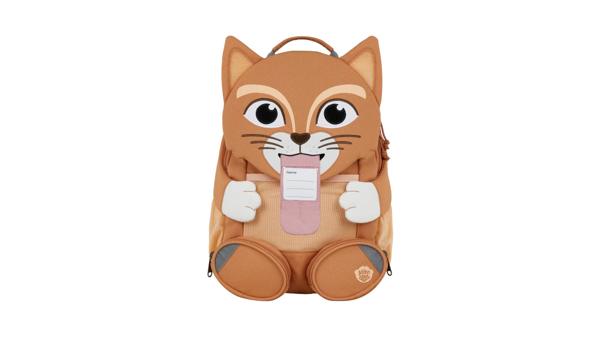Kinderrucksack in Tierform (Katze), Vorderansicht mit herausgestreckter Zunge