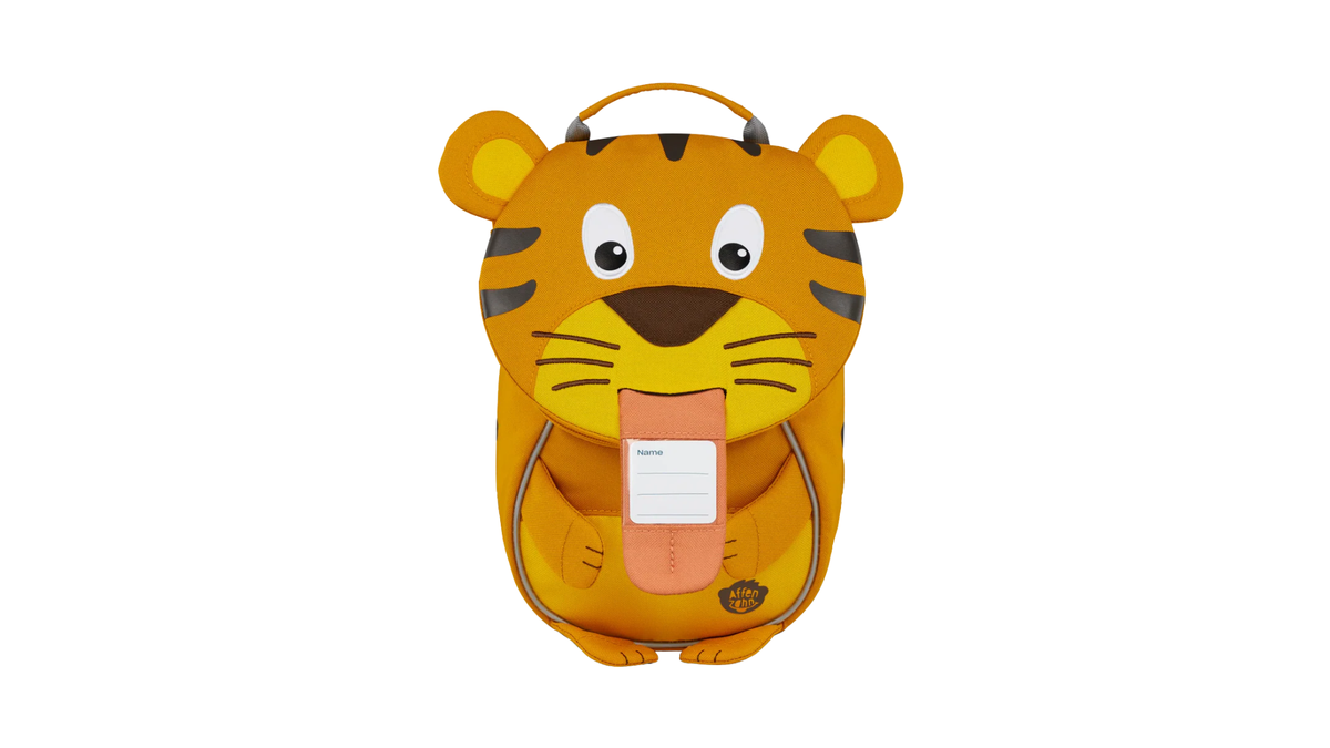 Kindergartenrucksack in Tierform (Tiger), Vorderansicht mit herausgestreckter Zunge
