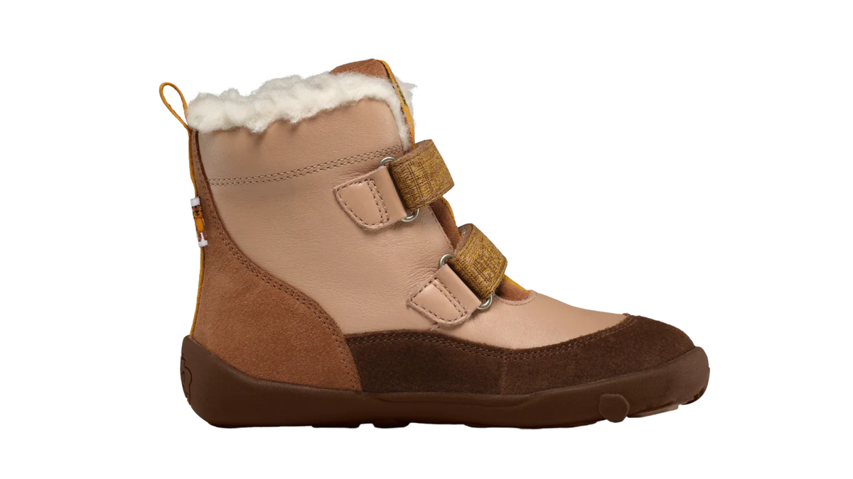 Gefütterter Kinder-Barfußwinterstiefel mit breiter Zehenbox, zwei Klettverschlüssen und sichtbarem Futter, Seitenansicht innen