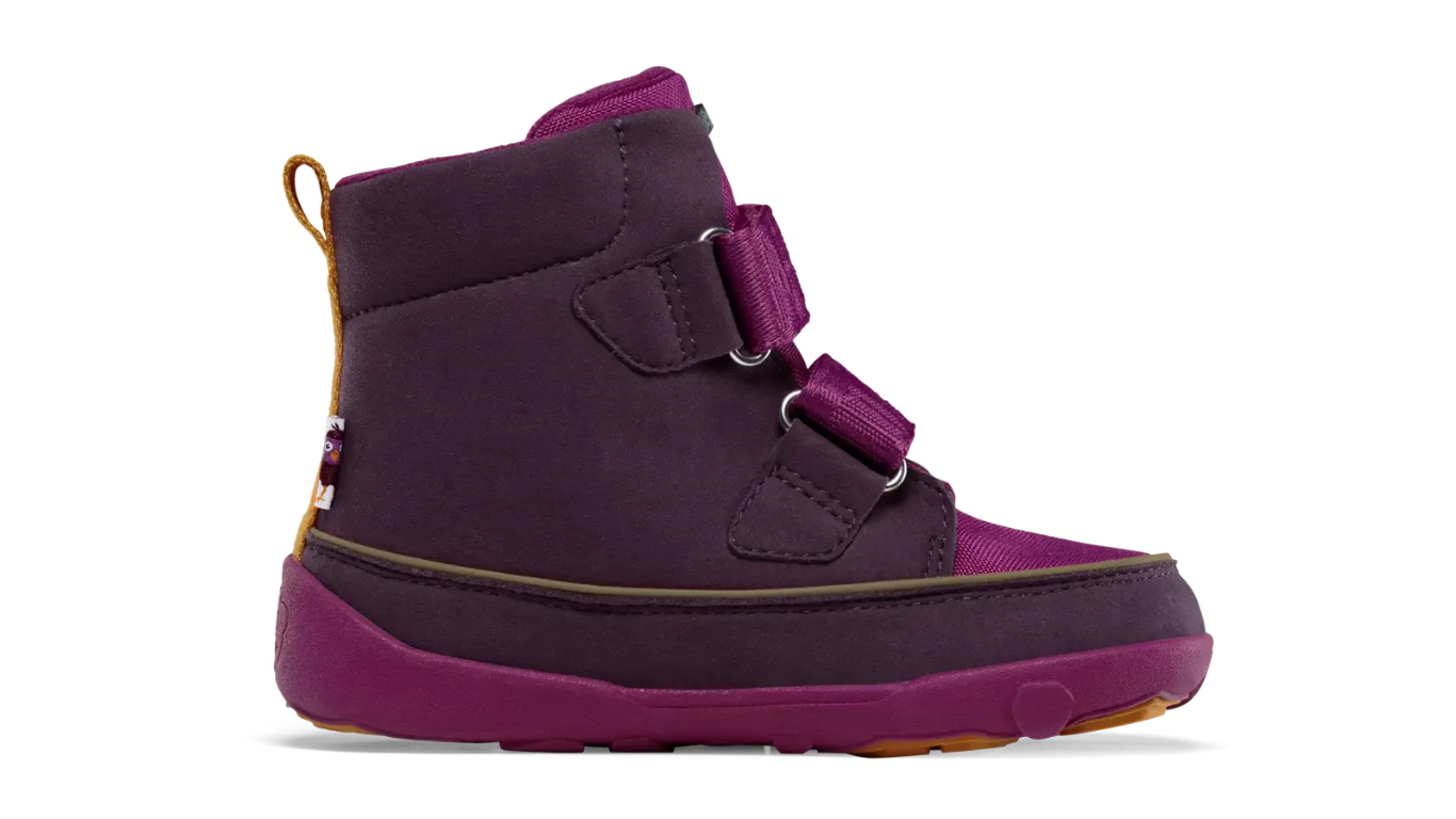 Kinder Barfußwinterstiefel mit geschlossener Zehenbox und Klettverschlüssen, Seitenansicht rechts