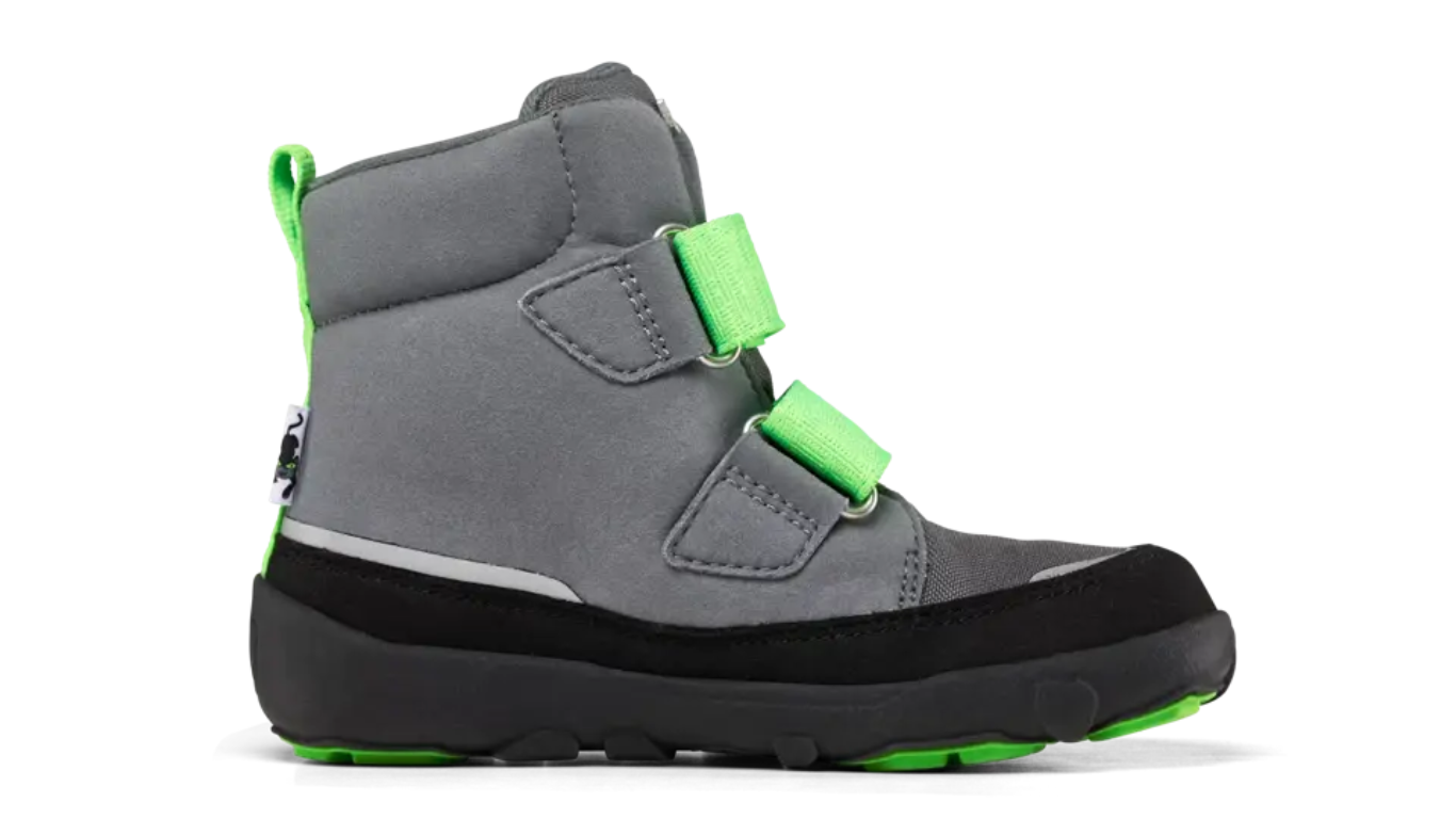 Kinder Barfußwinterstiefel mit geschlossener Zehenbox und Klettverschlüssen, Seitenansicht links