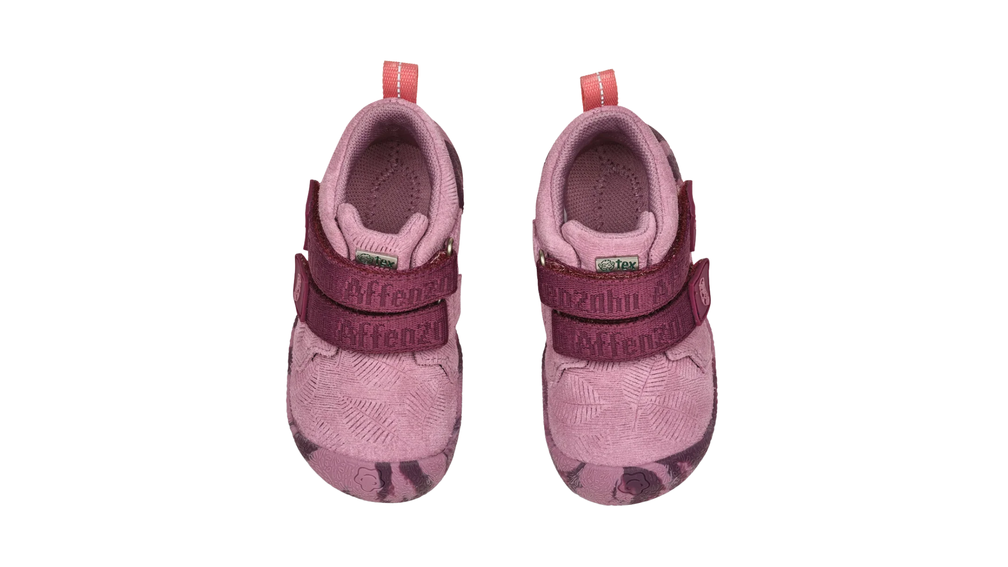 Paar Lauflernschuhe für Kinder mit breiter Zehenbox und zwei Klettverschlüssen, Draufsicht