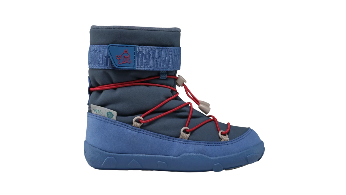 Kinder-Barfußwinterstiefel mit breiter Zehenbox, Schnellschnürsystem und geschlossenen Zehen, Seitenansicht außen