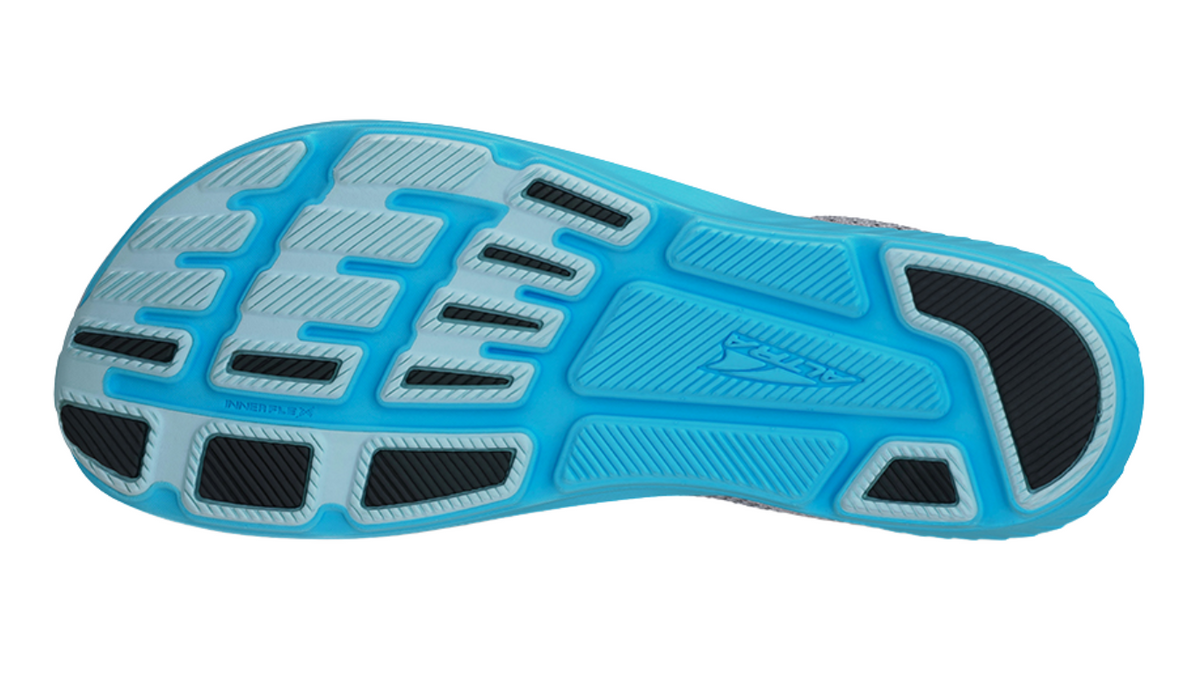 Laufschuh, Ansicht von unten. Segmentierte Laufsohle mit ausgeprägten Dämpfungselementen.