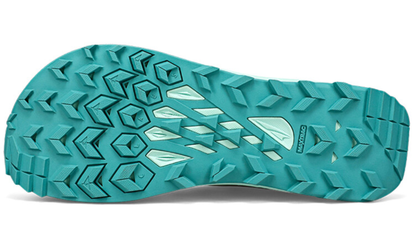 Trailrunningschuh, Ansicht von unten. Stark profilierte Laufsohle mit grobem Stollenmuster.