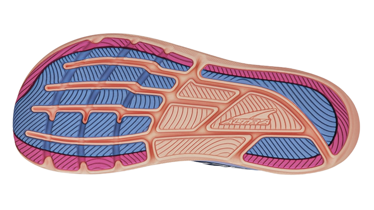 Laufschuh, Ansicht von unten. Segmentierte Laufsohle mit klar getrennten Profilzonen.