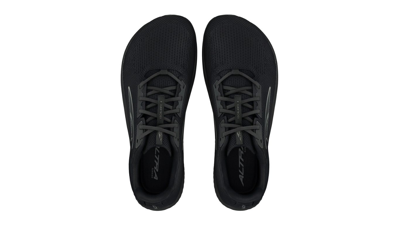 Laufschuhe als Paar, Draufsicht von oben. Innenform und Fersenaufnahme sichtbar.