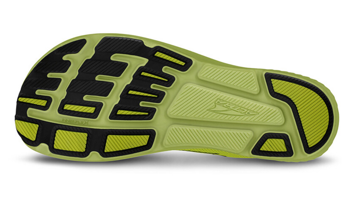 Laufschuh, Ansicht von unten. Segmentierte Laufsohle mit klar abgegrenzten Profilfeldern.