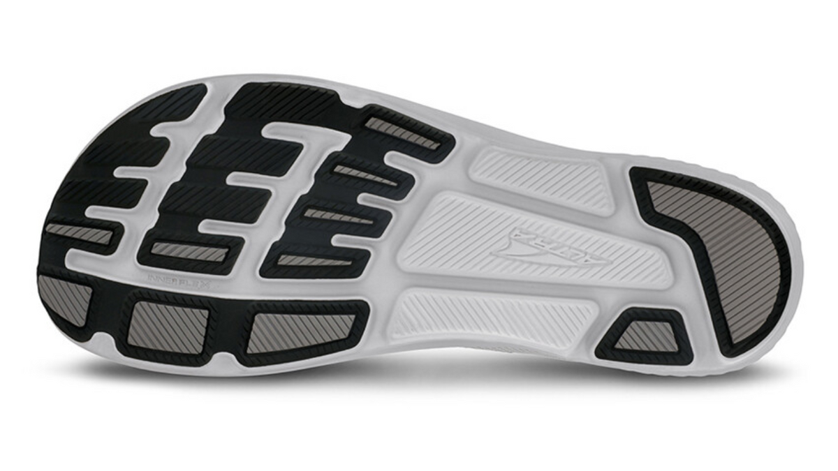 Laufschuh, Ansicht von unten. Segmentierte Laufsohle mit klar abgegrenzten Profilfeldern.