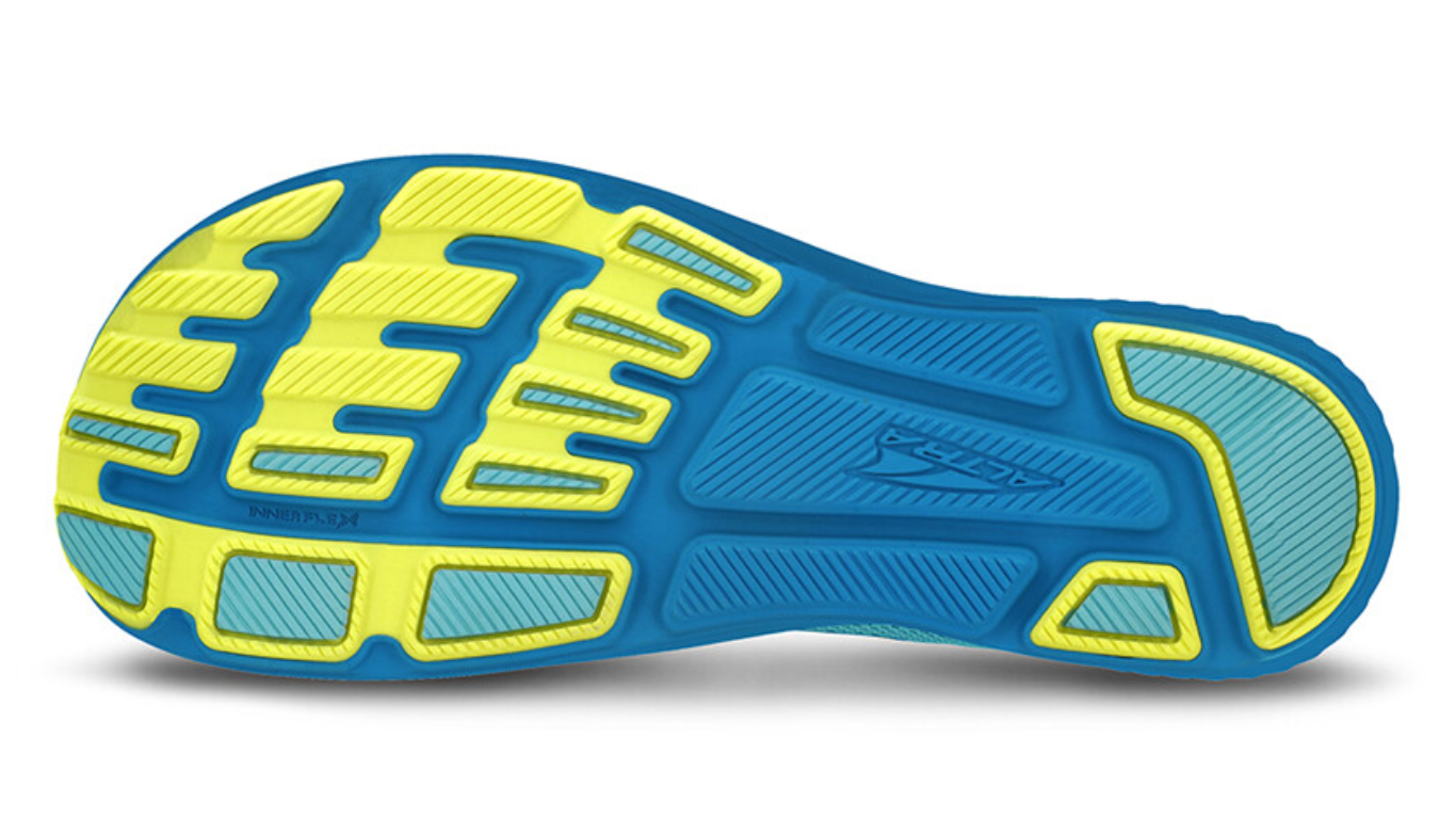 Laufschuh, Ansicht von unten. Segmentierte Laufsohle mit klar abgegrenzten Profilfeldern.