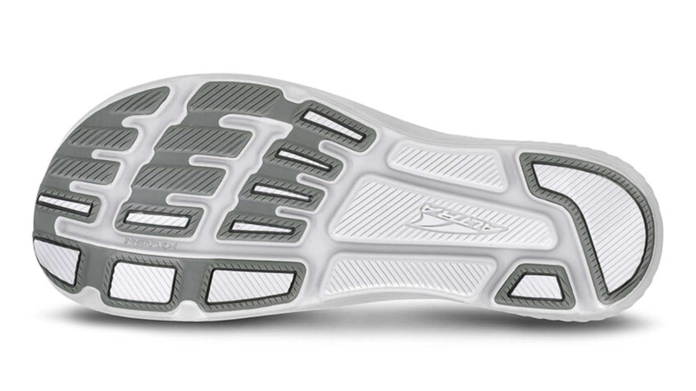Laufschuh, Ansicht von unten. Segmentierte Laufsohle mit klar abgegrenzten Profilfeldern.