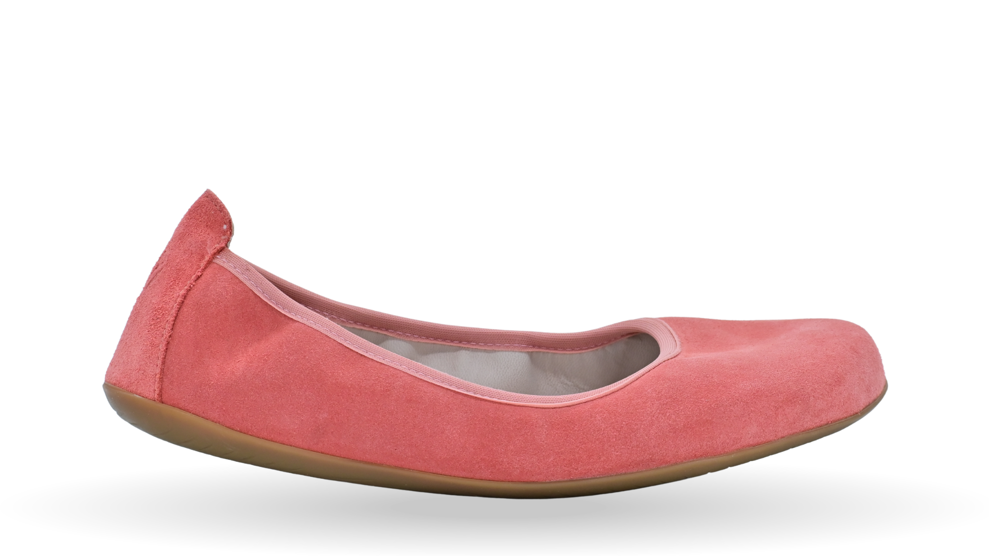 Barfuß-Ballerina für Erwachsene mit breiter Zehenbox, geschlossenem Zehenbereich, geschlossener Ferse, Schlupfform ohne Verschluss, flacher flexibler Sohle, Seitenansicht außen.