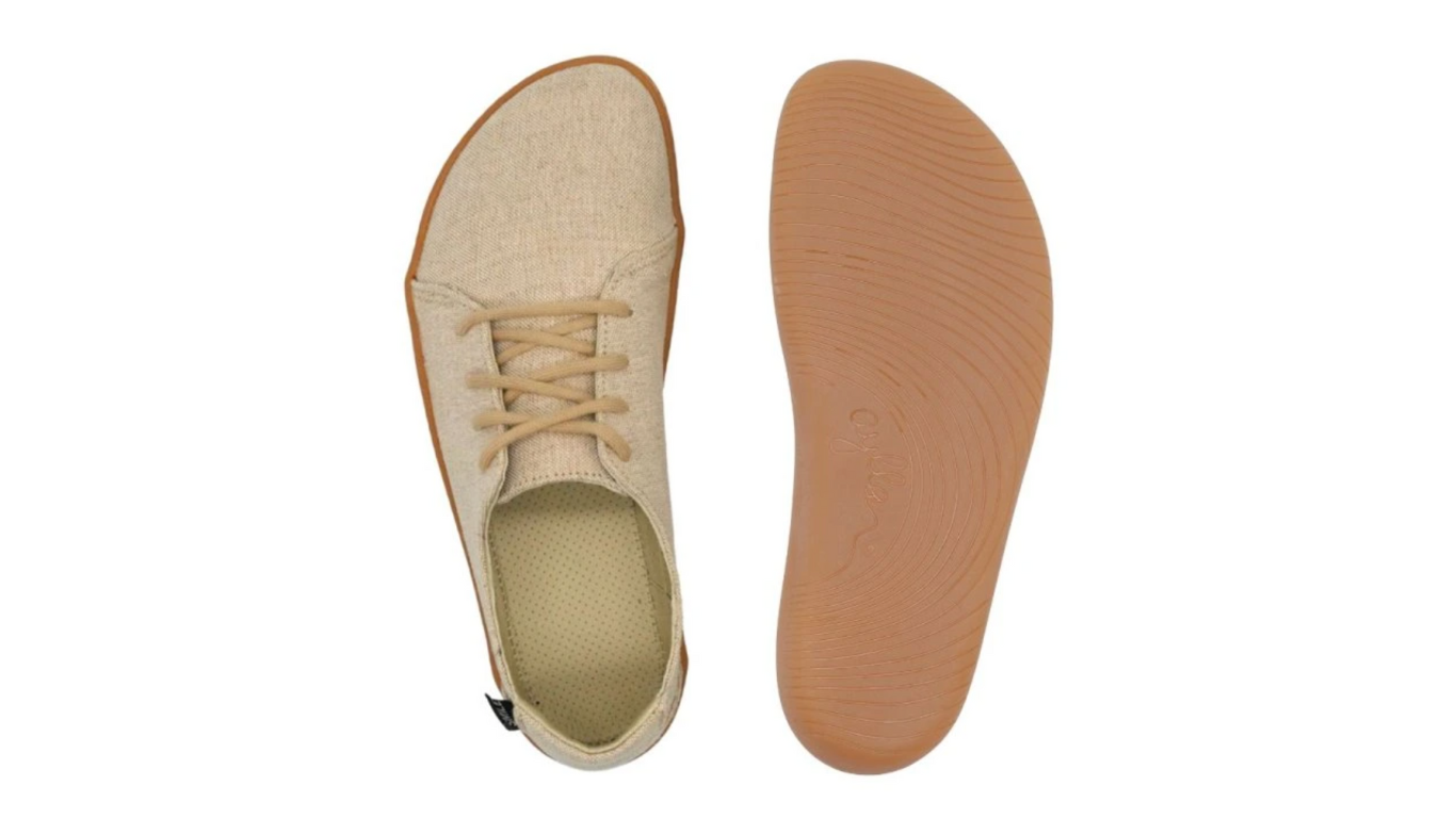 Barfußschuh, Ansicht von unten und Draufsicht. Flache Laufsohle, Innenform mit breitem Vorfuß sichtbar.