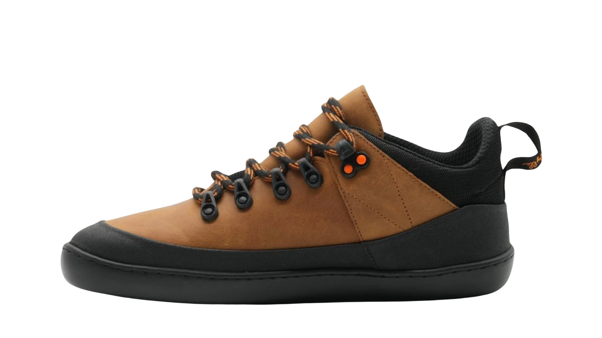 Barfußschuh für Erwachsene mit breiter Zehenbox, geschlossenem Zehenbereich, geschlossener Ferse, Schnürung mit Ösen, profilierte flexible Sohle, Seitenansicht innen.