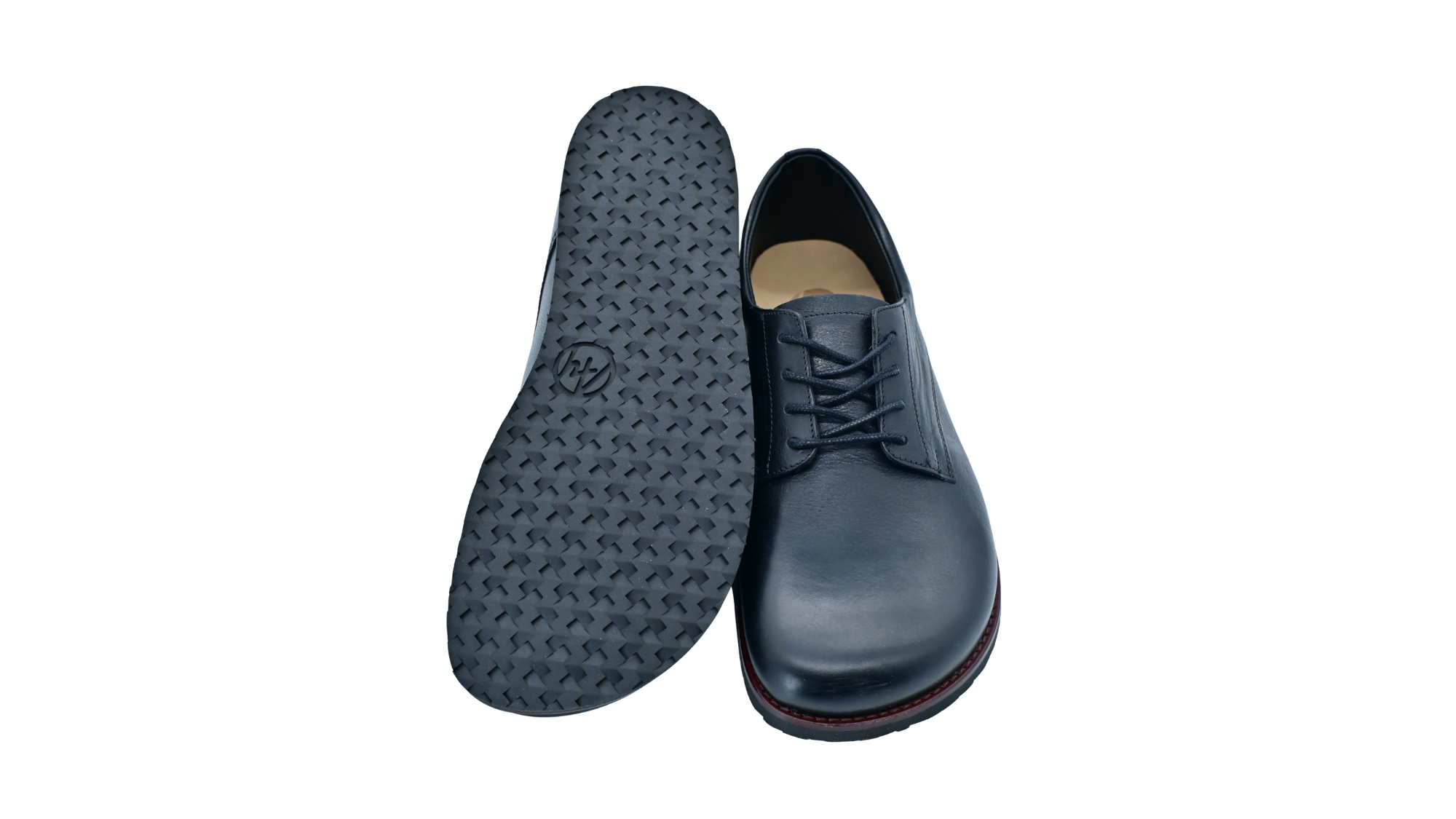 Barfußschuh mit Schnürung, geschlossener Zehenpartie und flexibler Sohle, Ansicht von unten und Draufsicht als Paar