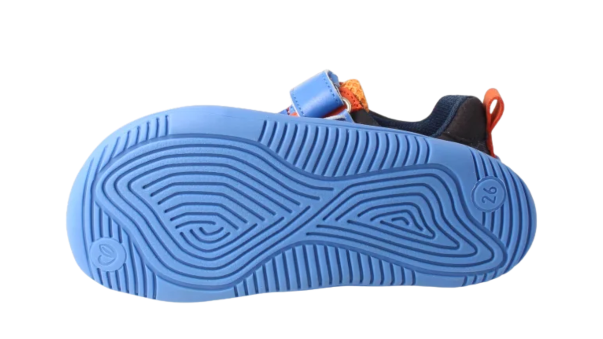 Kinder Barfußhalbschuh mit breiter Zehenbox, flexibler Sohle, Klettverschluss und Schnürung, geschlossene Zehen, geschlossene Ferse, Ansicht von unten