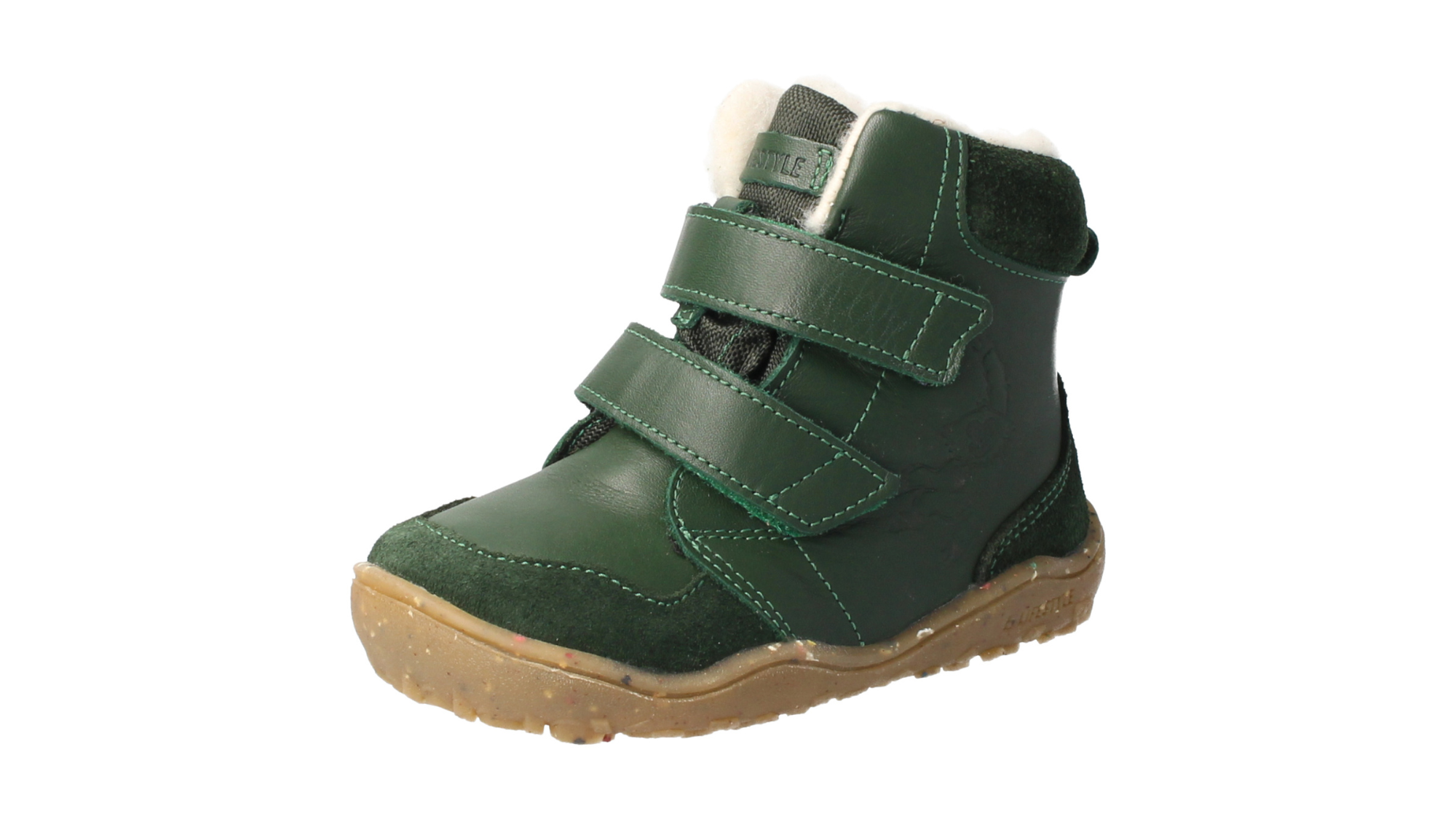 Barfußstiefel mit zwei Klettverschlüssen, breite Zehenbox, flexible Sohle, geschlossener Fersenbereich, hoher Schaft, schräge Vorderansicht