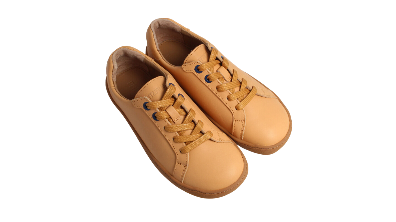 Barfußschuh für Erwachsene mit breiter Zehenbox, flexibler Sohle und Schnürung, geschlossene Zehen und geschlossener Fersenbereich, Draufsicht.