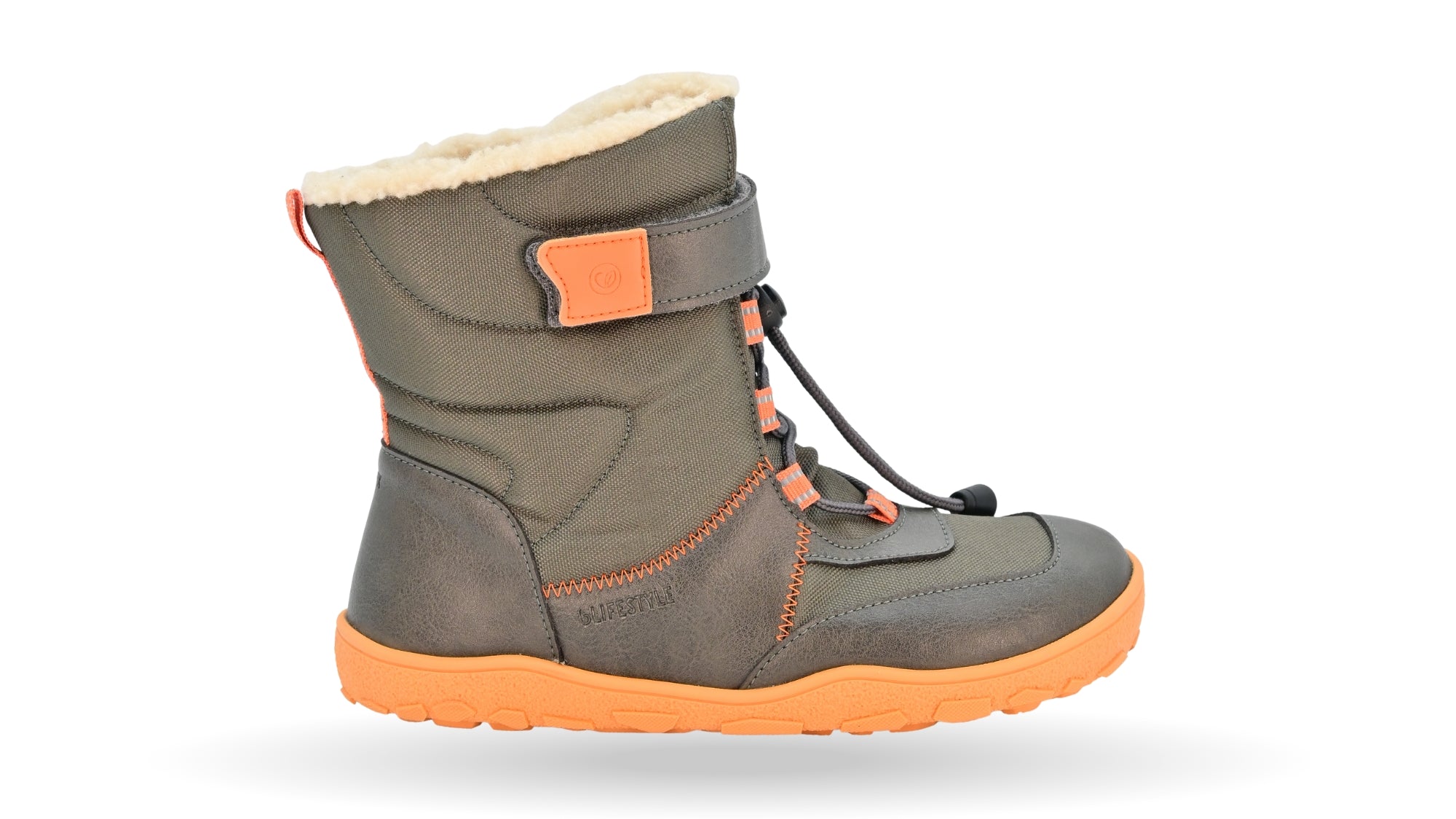 Barfußwinterstiefel mit Klettverschluss und Schnellverschluss, breite Zehenbox, flexible Sohle, geschlossener Fersenbereich, hoher Schaft, Seitenansicht außen