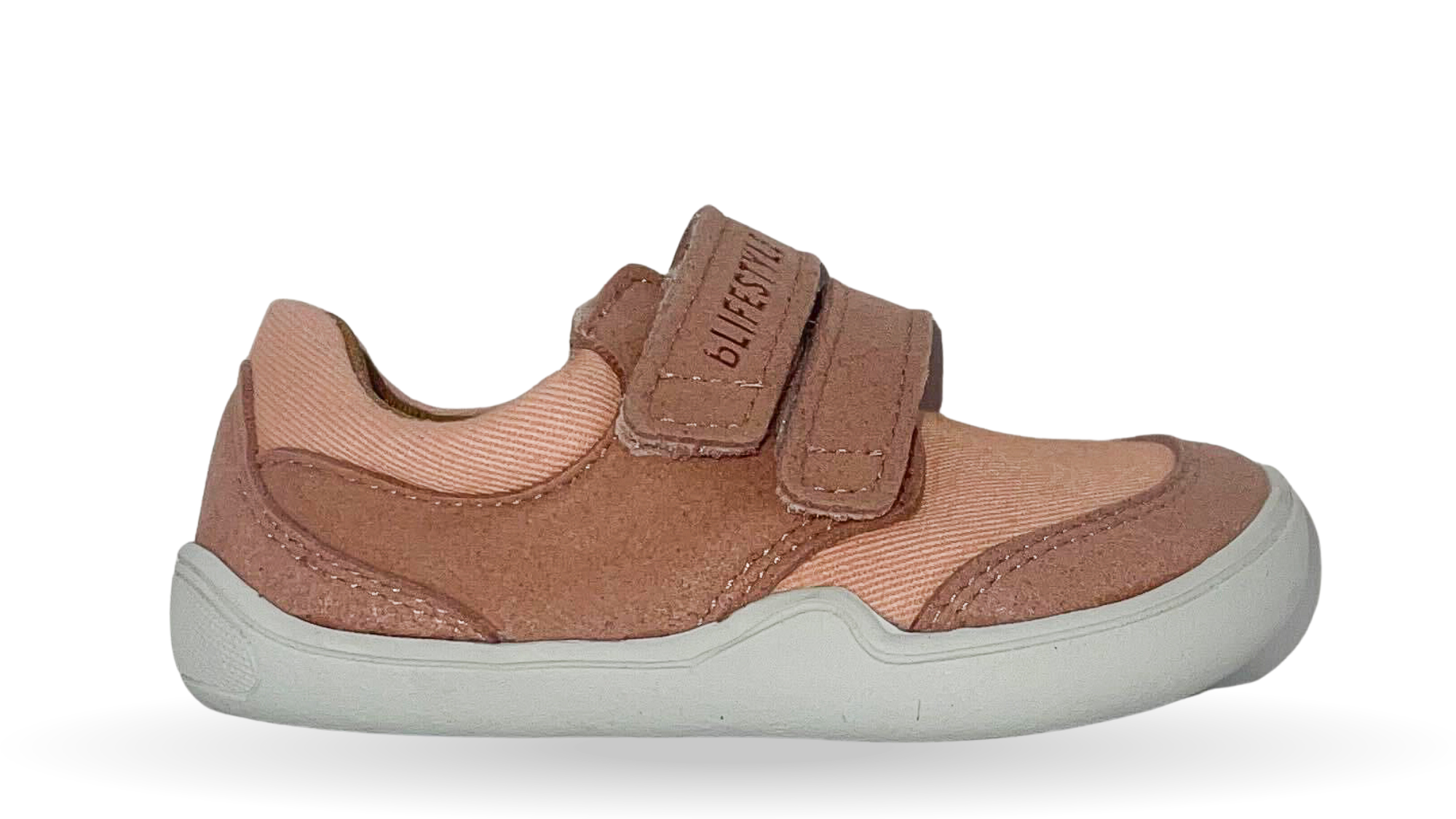 Barfußschuh für Kinder mit zwei Klettverschlüssen, geschlossene Zehen und geschlossener Fersenbereich, Seitenansicht außen